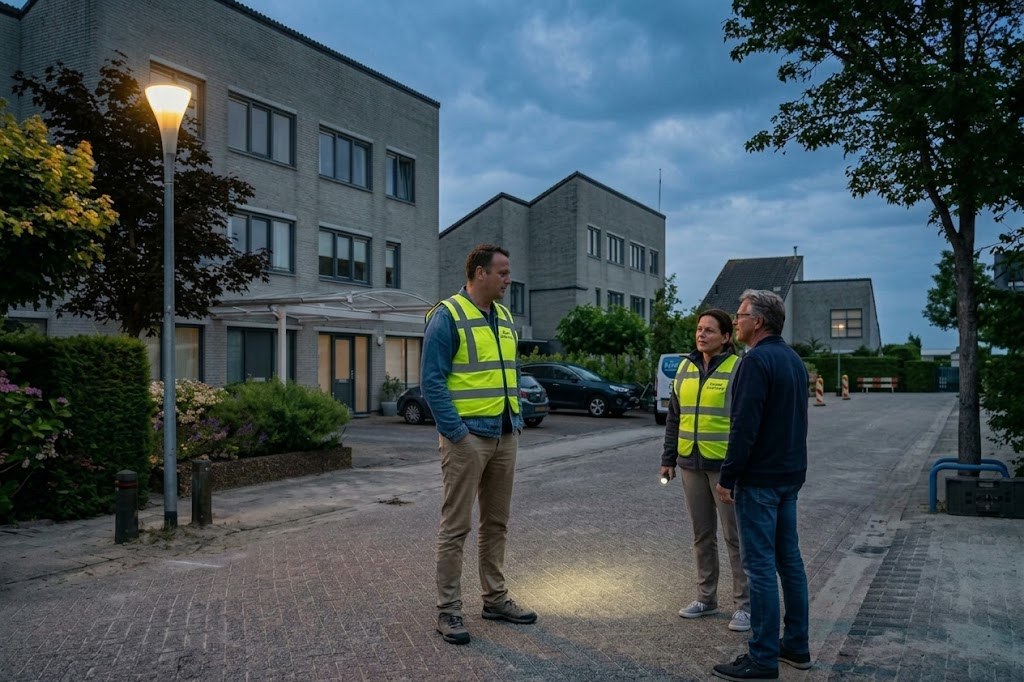 Buurtpreventievrijwilligers in gele hesjes spreken met een bewoner in een woonstraat